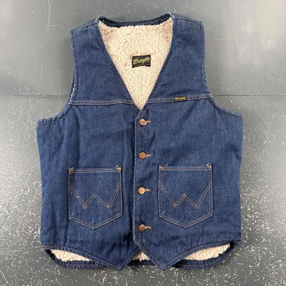 VTG Wrangler Denim Vest Womens Large Mens Small Dark Wash Sherpa Lined Western - Picture 1 of 7